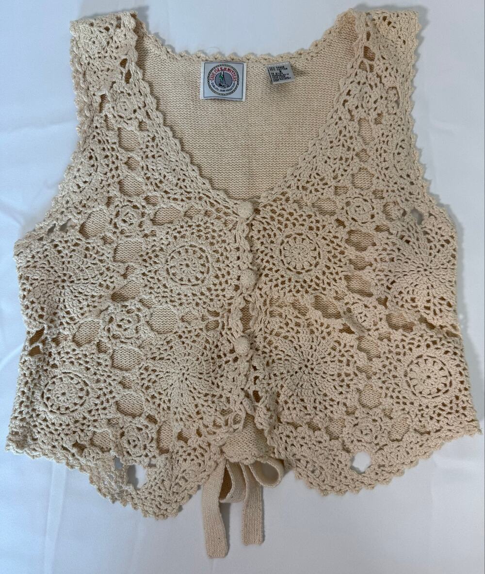 Vintage Cape Isle Knitters Crochet Sweater Vest Ramie Cotton Tie Back Boho